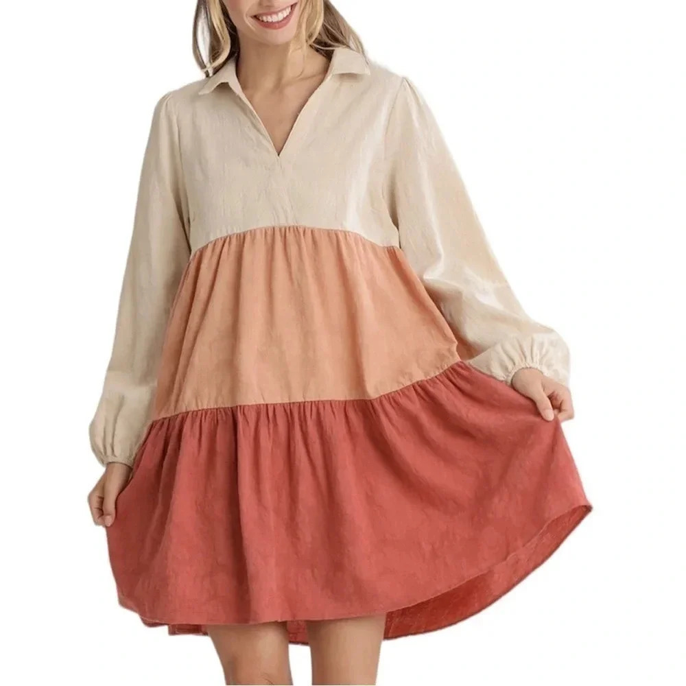 Umgee Dusty Coral Color Block Tiered Long Sleeve Shift Dress NWT